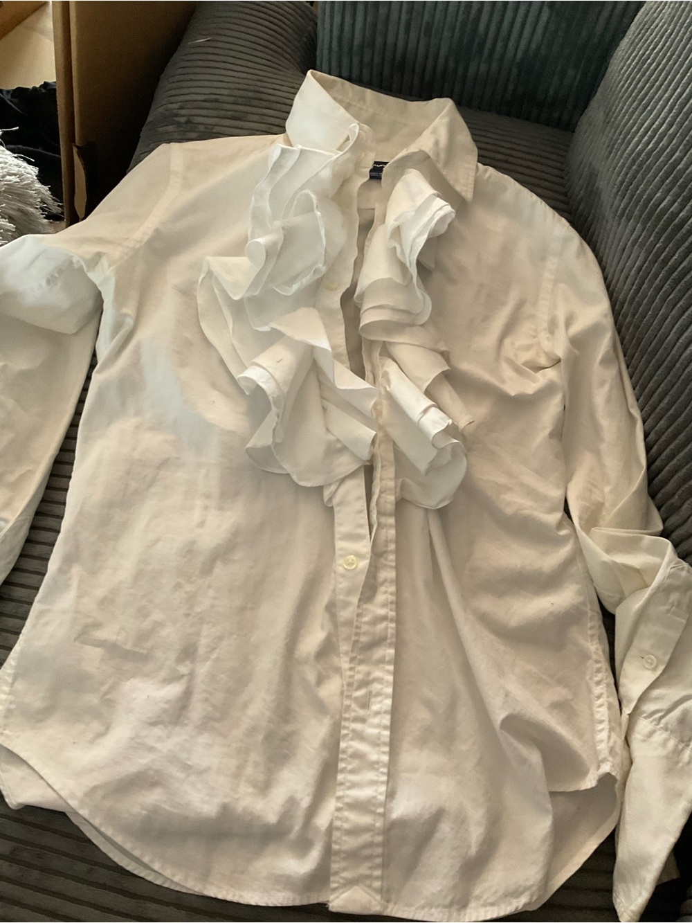 Ralph Lauren White Ruffle Front Button-Up Blouse